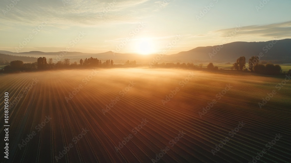 Aerial View of a Sunlit Field with Morning Fog Aerial View of a Sunlit Field with Morning Fog