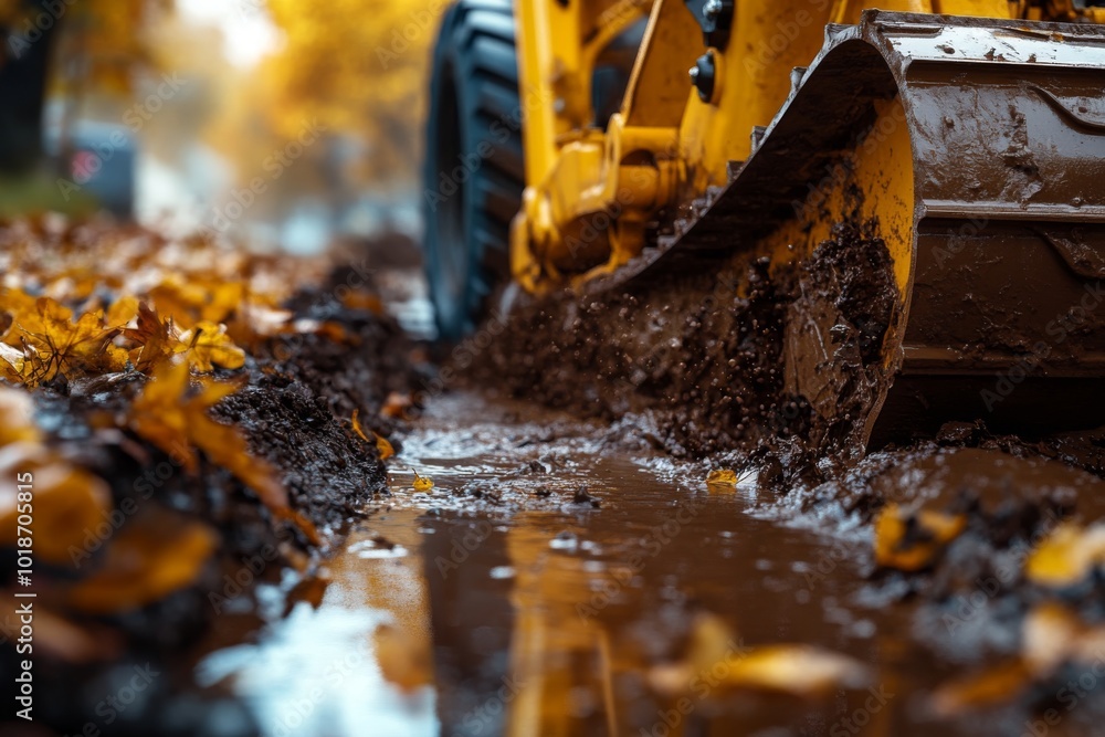 Trencher Digging Drainage Channel Closeup Trencher Digging Drainage Channel Closeup