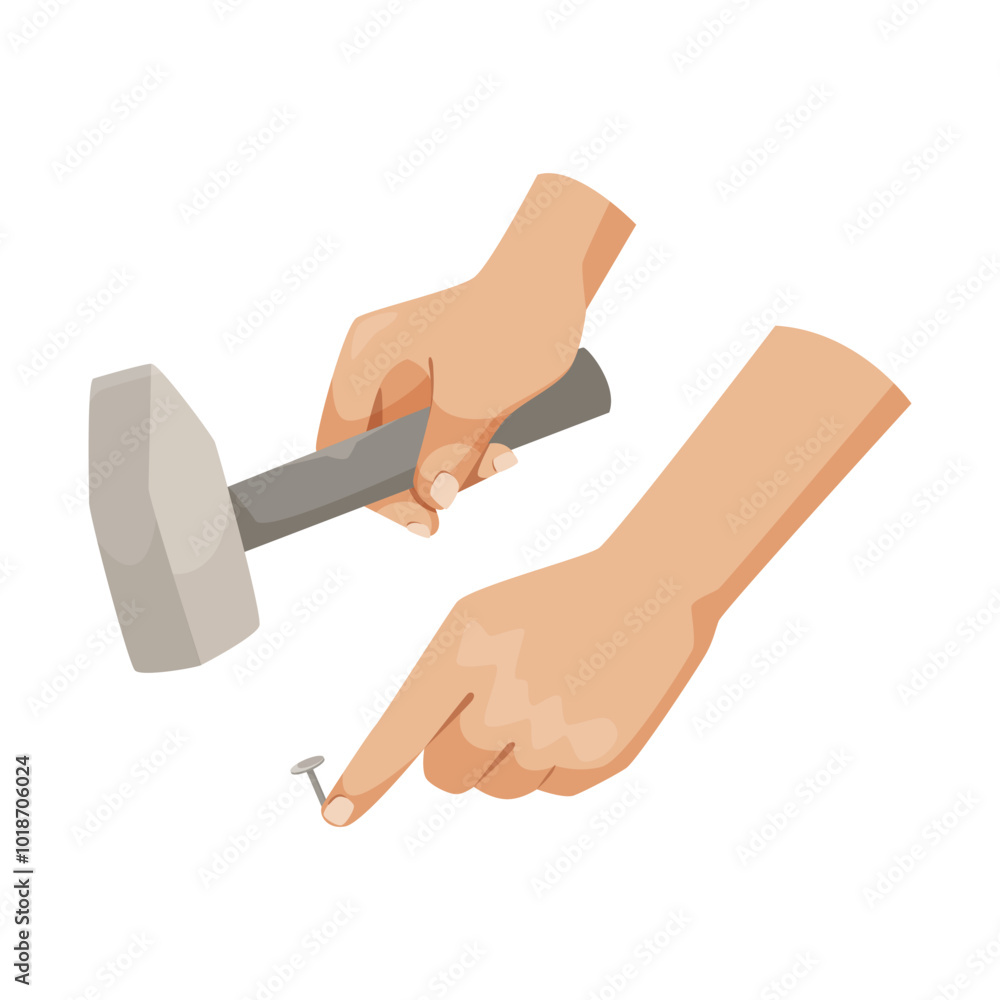 Hands holding a hammer and pointing at a nail, flat style, on a white background. Vector illustration Hands holding a hammer and pointing at a nail, flat style, on a white background. Vector illustration