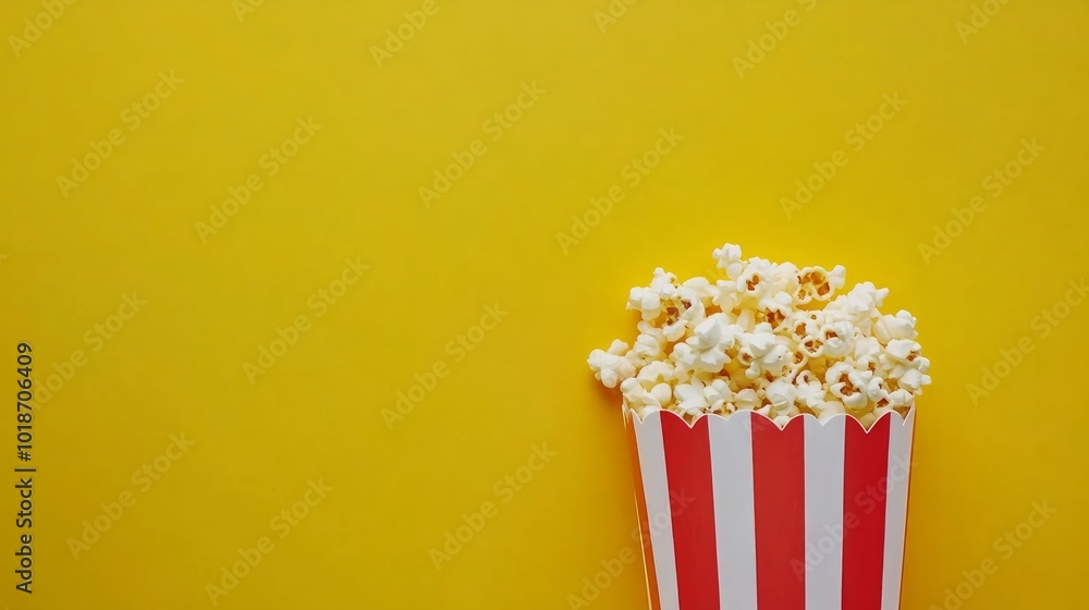 A red and white striped popcorn box with popcorn spilling out on a yellow background. (1) A red and white striped popcorn box with popcorn spilling out on a yellow background. (1)