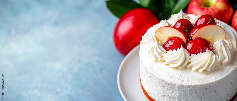 A tight shot of a cake on a plate, adorned with cherries atop, and apples visible in the backdrop A tight shot of a cake on a plate, adorned with cherries atop, and apples visible in the backdrop