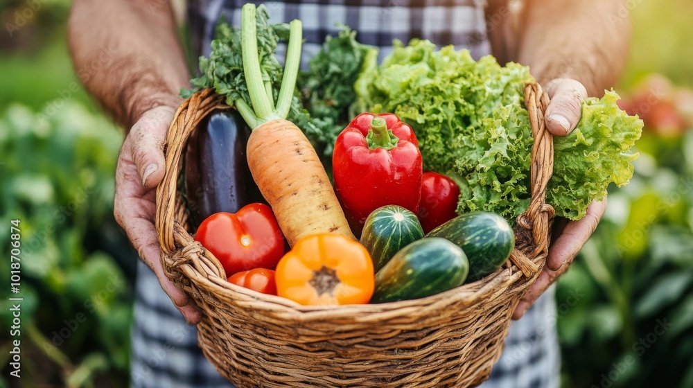 Fototapeta premium Farmer Holding a Basket of Freshly Harvested Vegetables