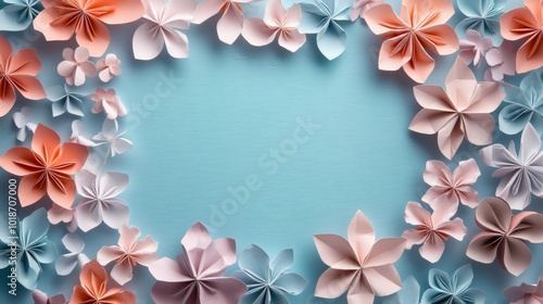 Pastel Paper Flowers Frame on Blue Background