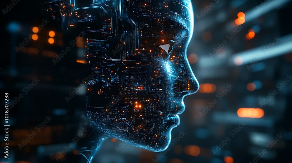 Human head merged with advanced digital technology and luminous abstract lights Human head merged with advanced digital technology and luminous abstract lights