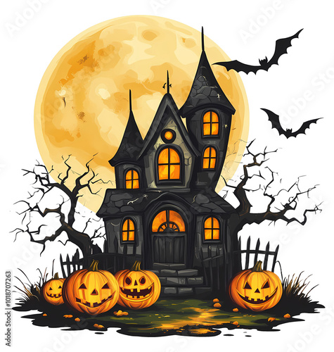 Halloween Haunted House. Pumpkins, candles, gloomy atmosphere. Illustration.