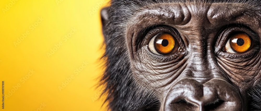 A tight shot of a monkey's face with orange-hued eyes gazing intently A tight shot of a monkey's face with orange-hued eyes gazing intently