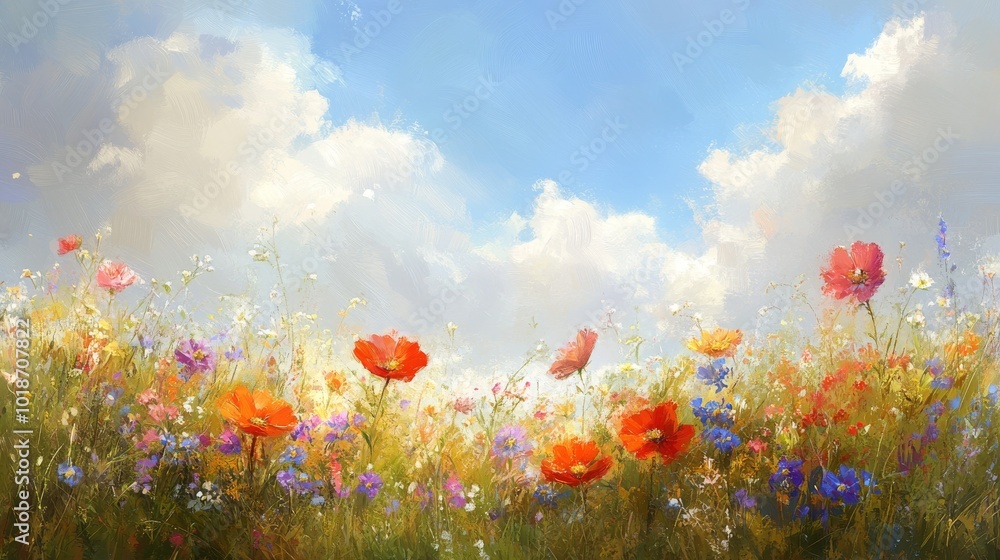 Obraz premium A Vibrant Wildflower Meadow Under a Cloudy Sky