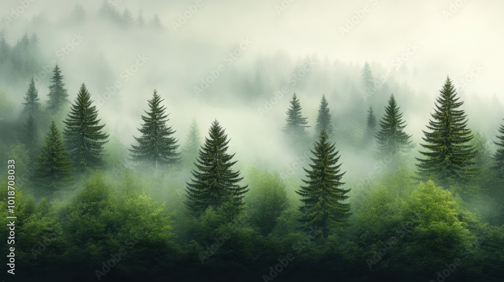Fototapeta premium foggy forest scene with tall pine trees surrounded by mist creates serene and tranquil atmosphere. lush greenery adds depth and beauty to this natural landscape
