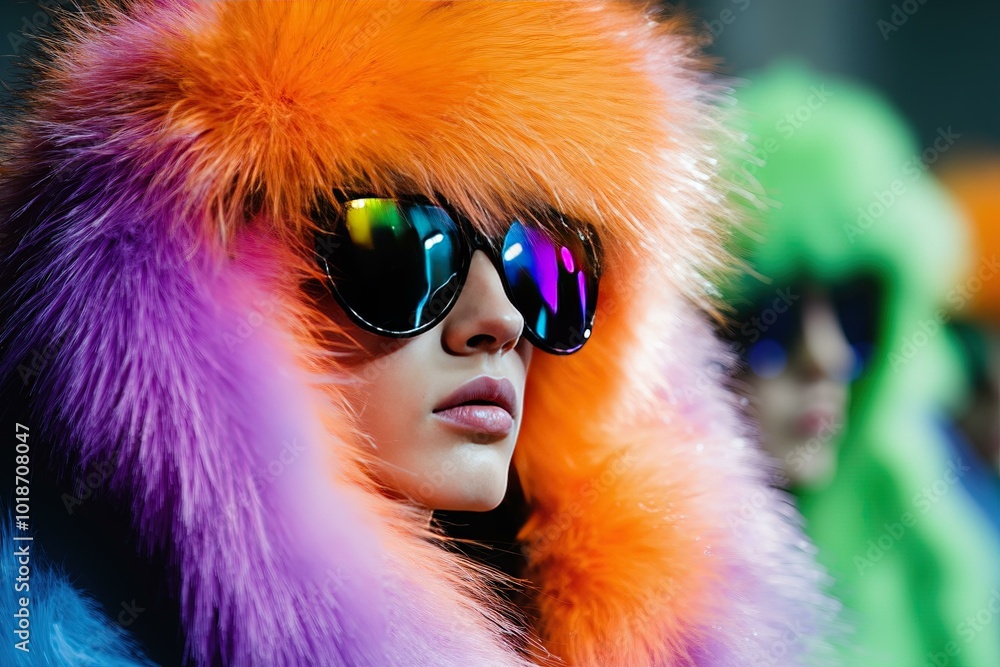 Vibrant winter fashion with colorful fur coats and reflective sunglasses. Vibrant winter fashion with colorful fur coats and reflective sunglasses.