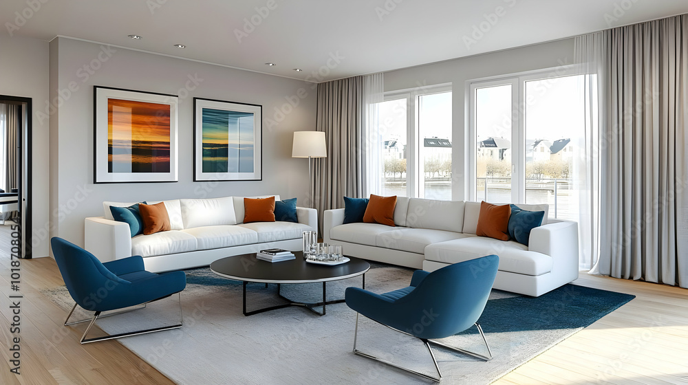 Modern Living Room with White Sectional Sofa, Blue Armchairs, and Abstract Art, Featuring a View of a Cityscape and a River Through Large Windows Modern Living Room with White Sectional Sofa, Blue Armchairs, and Abstract Art, Featuring a View of a Cityscape and a River Through Large Windows