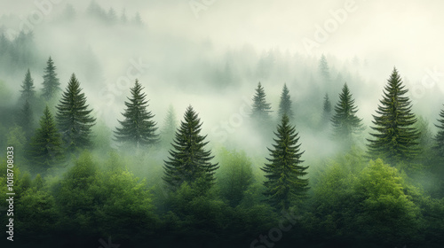 foggy forest scene with tall pine trees surrounded by mist creates serene and tranquil atmosphere. lush greenery adds depth and beauty to this natural landscape