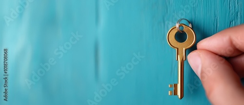  A hand holds a golden key before a blue door The door is surrounded by a blue wall in the background photo