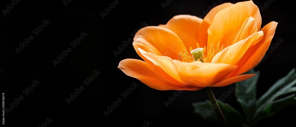 Close-up of an orange flower against a black backdrop, featuring a central green stem Close-up of an orange flower against a black backdrop, featuring a central green stem