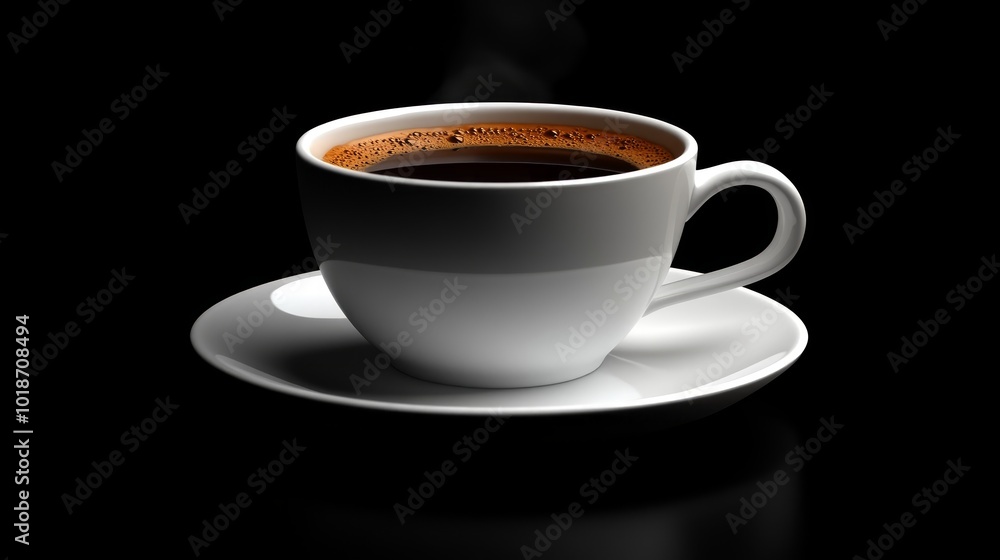A steaming cup of coffee in a white mug and saucer on a black background. A steaming cup of coffee in a white mug and saucer on a black background.