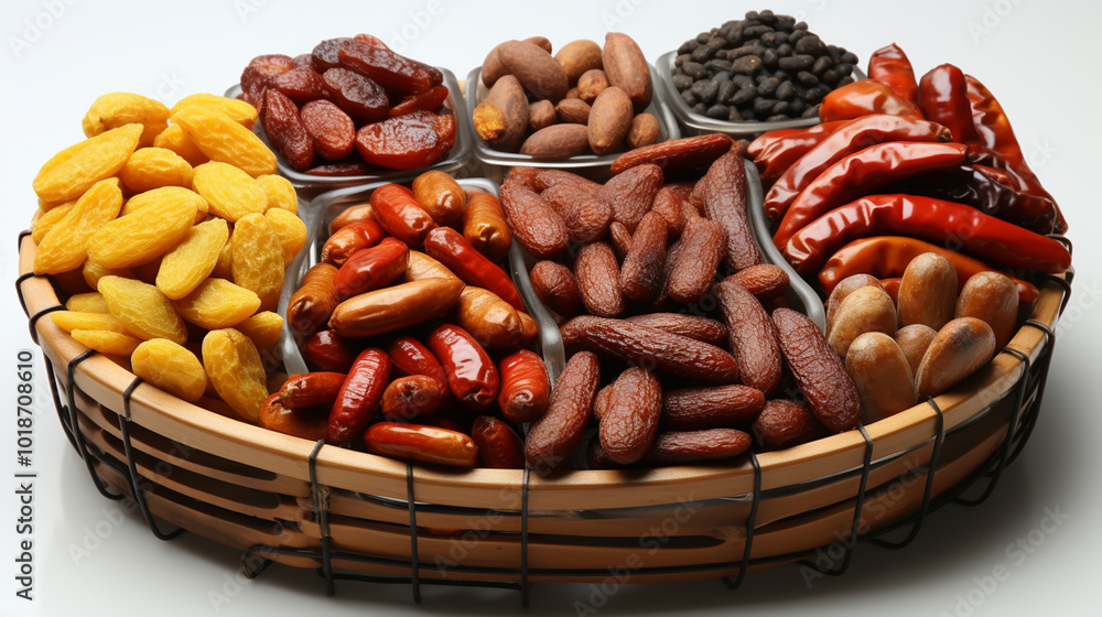 Fototapeta premium Lots of different kinds of prepared meat on sale, beef, pork products collection in basket