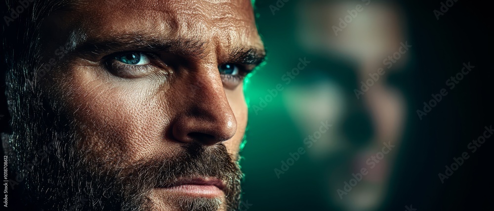 A man's face, sharply focused, overlays a backdrop of another man's face subtly blurred A man's face, sharply focused, overlays a backdrop of another man's face subtly blurred