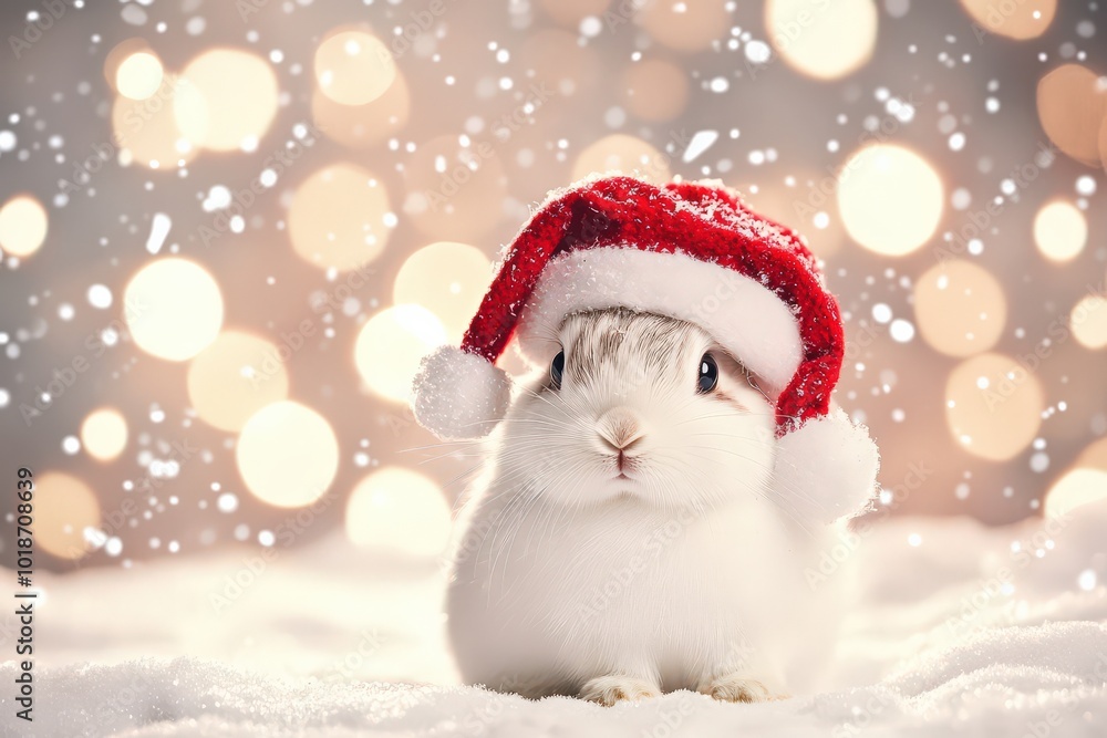 Christmas Bunny. Adorable Alive Rabbit Wearing Santa Claus Cap Celebrating Christmas Christmas Bunny. Adorable Alive Rabbit Wearing Santa Claus Cap Celebrating Christmas