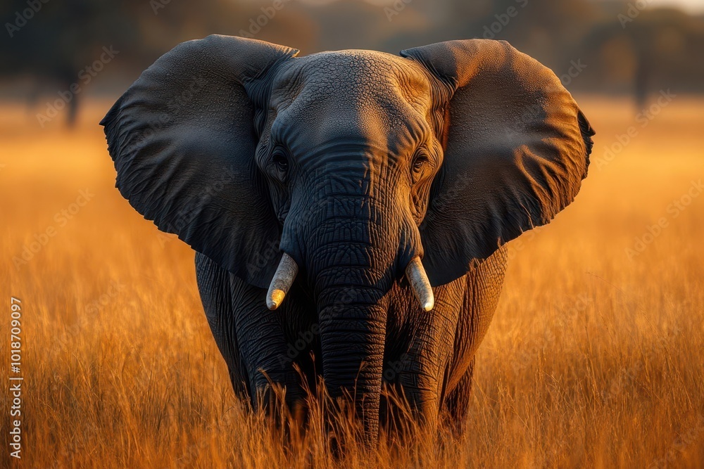 Naklejka premium majestic african elephant with intricate textures wrinkles and expressive eyes closeup portrait showcasing the gentle giants wisdom and strength against a blurred savanna backdrop