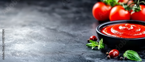  A black bowl holds red sauce, surrounded by tomatoes and basil on a table Black tablebackground features a cluster of red tomatoes photo