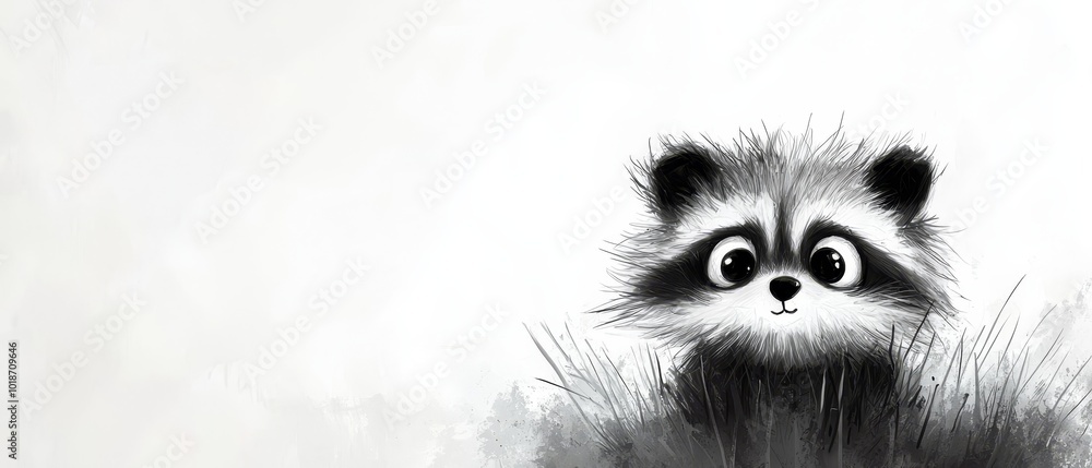 A monochrome image of a raccoon gazing at the camera with an expression of surprise A monochrome image of a raccoon gazing at the camera with an expression of surprise