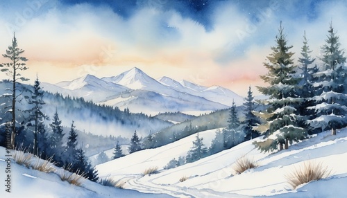 Watercolor winter landscape with snowy mountains and pine trees in cool blue tones