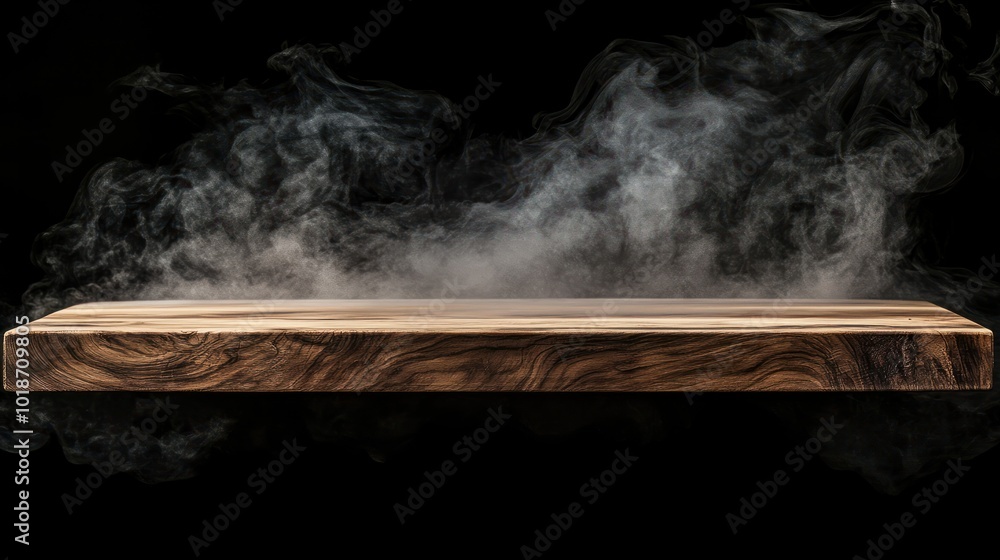 empty wooden table with smoke float up on dark background empty wooden table with smoke float up on dark background