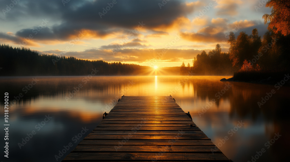 Fototapeta premium serene fishing dock at sunset, surrounded by tranquil waters and soft orange hues reflecting on lake. peaceful atmosphere invites relaxation and contemplation