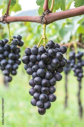 Cluster of ripe purple grapes hanging from a vine during harvest season.