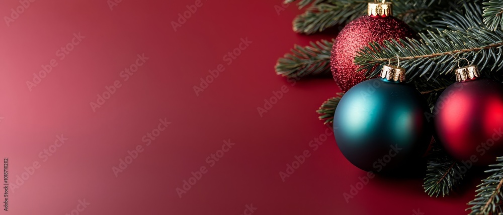 A red and blue ornament dangles from a pine tree, adorned with red and green baubles A red and blue ornament dangles from a pine tree, adorned with red and green baubles