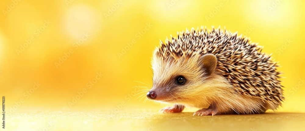 A tight shot of a tiny hedgehog against a sunny yellow backdrop The hedgehog's image is softly blurred A tight shot of a tiny hedgehog against a sunny yellow backdrop The hedgehog's image is softly blurred