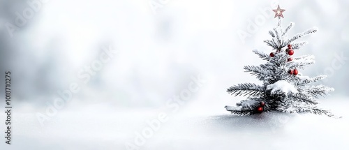  A white Christmas tree adorned with red ornaments and crowned by a star, situated against a pristine white backdrop photo