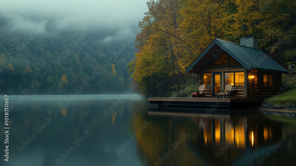 serene lakeside cabin at dawn with soft light reflecting on water, surrounded by autumn foliage and misty mountains, creating peaceful atmosphere serene lakeside cabin at dawn with soft light reflecting on water, surrounded by autumn foliage and misty mountains, creating peaceful atmosphere