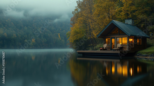 serene lakeside cabin at dawn with soft light reflecting on water, surrounded by autumn foliage and misty mountains, creating peaceful atmosphere