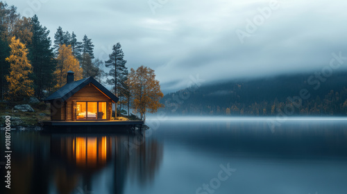 serene lakeside cabin at dawn with soft light reflecting on water, surrounded by autumn trees and misty mountains, creating peaceful atmosphere