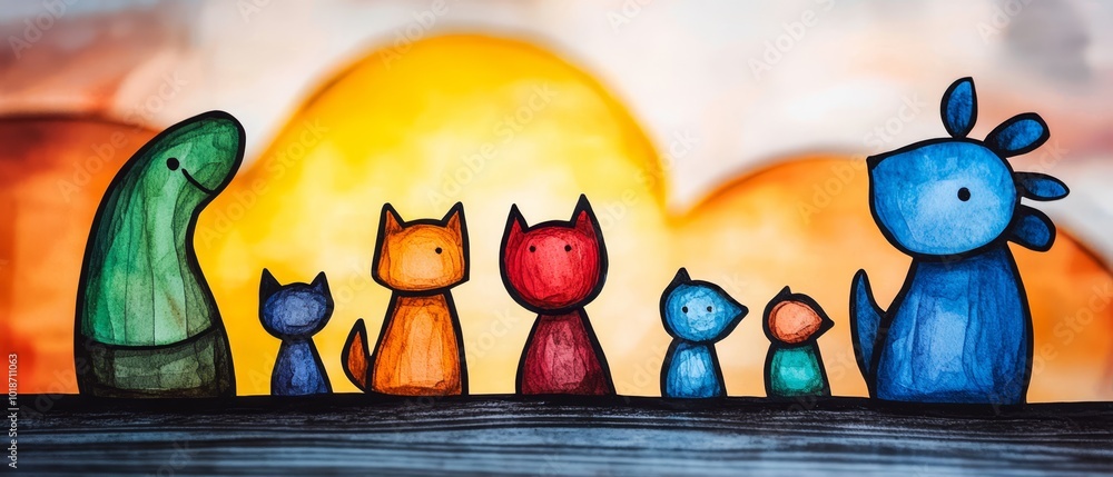 Φωτογραφία A family of cats and a dog are depicted against the backdrop of the sun, while