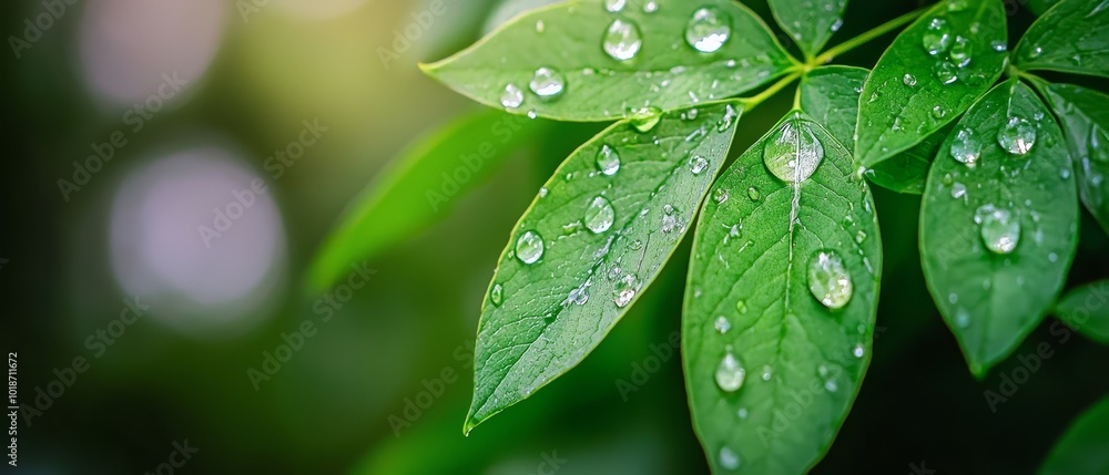 A tight shot of a verdant leaf, studded with water droplets, against a softly blurred backdrop of surrounding foliage A tight shot of a verdant leaf, studded with water droplets, against a softly blurred backdrop of surrounding foliage