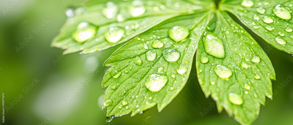 A tight shot of a verdant leaf, dotted with water droplets, against a softly blurred background A tight shot of a verdant leaf, dotted with water droplets, against a softly blurred background