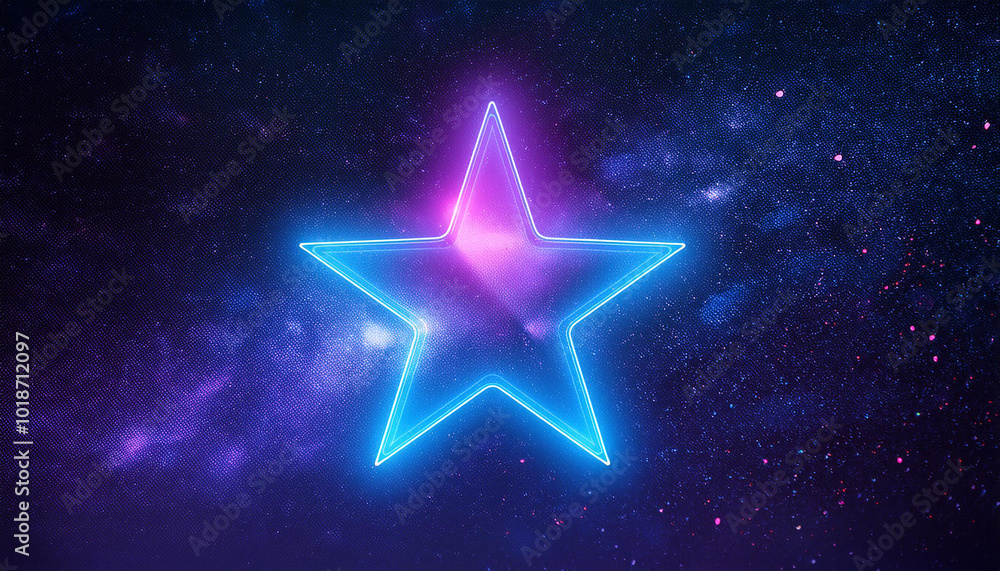 Bright neon star glowing in dark starry sky. Cosmic scene. Space and astronomy concept. Bright neon star glowing in dark starry sky. Cosmic scene. Space and astronomy concept.