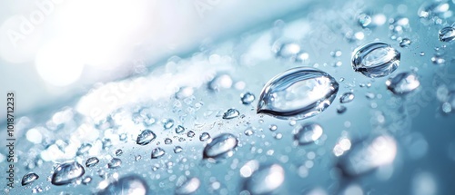  A tight shot of water droplets on a blue surface, illuminated by a bright light Background softly blurred photo