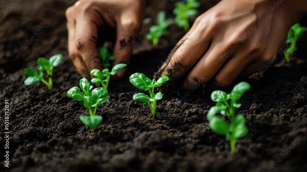 Hands Gently Nurturing Young Green Plants in Soil Hands Gently Nurturing Young Green Plants in Soil