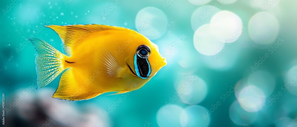 Naklejka premium A tight shot of a yellow fish against a backdrop of blue and green Background features a softly blurred veil of light