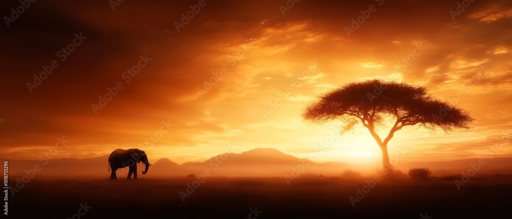 An elephant stands before a tree as the sun sets, casting long shadows A distant mountain silhouetted against the evening sky completes the scene An elephant stands before a tree as the sun sets, casting long shadows A distant mountain silhouetted against the evening sky completes the scene