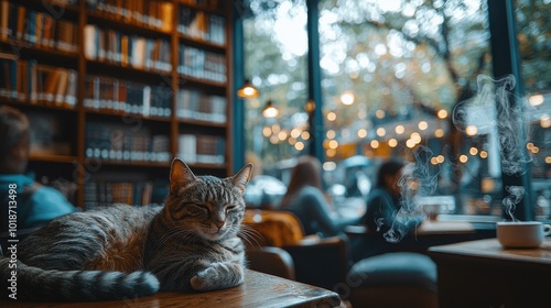 Cozy café atmosphere with a cat lounging near steaming cups and people enjoying their time on a rainy day