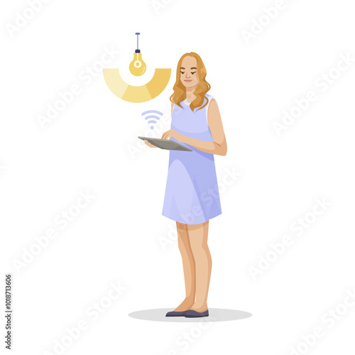 A woman using a tablet to control smart home lighting. Vector illustration