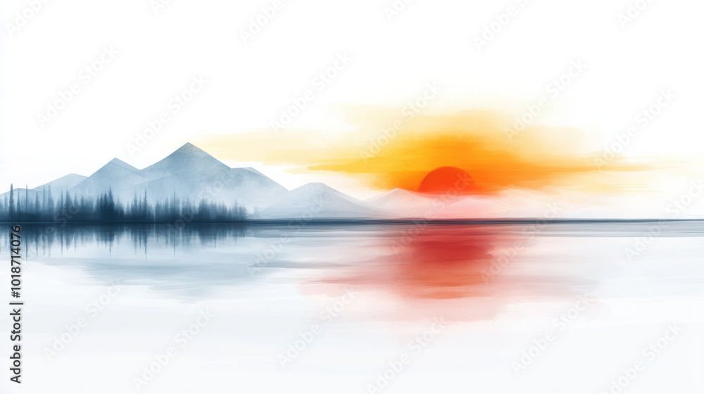 Obraz premium serene abstract interpretation of sunset over frozen lake, featuring mountains and vibrant orange sun reflecting on waters surface. tranquil scene evokes sense of calm and beauty