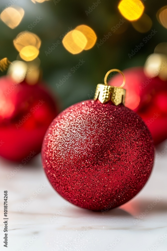 A red ornament, tightly focused, sits on a table before a Christmas tree in the background A red ornament, tightly focused, sits on a table before a Christmas tree in the background