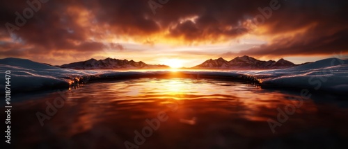  Over the mountain range, the sun sets, framing a body of water in the foreground and snow-capped peaks in the background