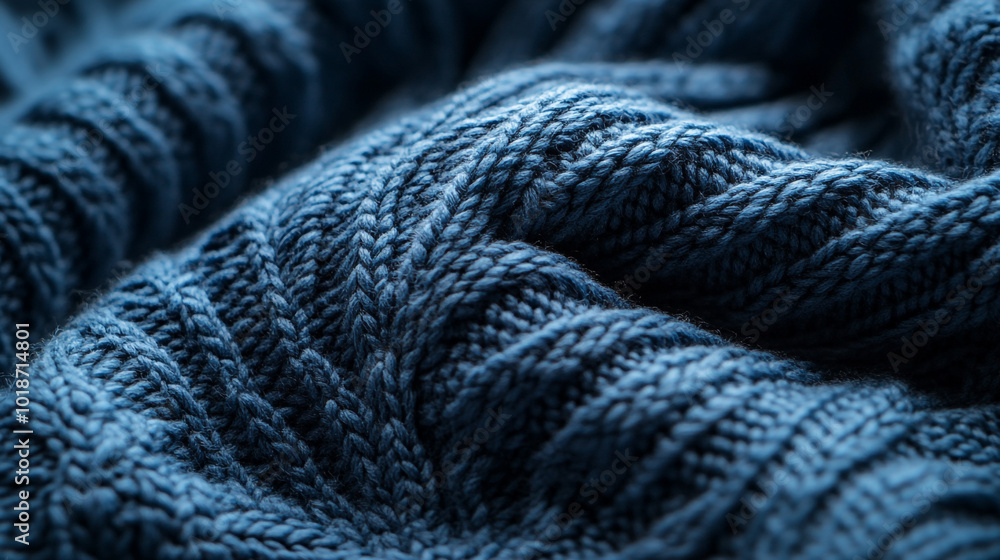 Soft blue knitted fabric draped elegantly to showcase intricate pattern details Soft blue knitted fabric draped elegantly to showcase intricate pattern details