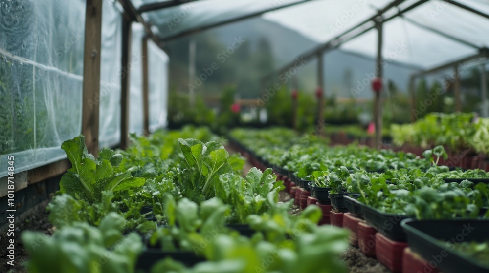 Rows of Green Plants Growing in a Greenhouse Rows of Green Plants Growing in a Greenhouse