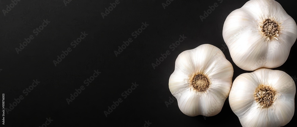 Three garlic bulbs against a black background, each featuring a brown spot in the middle Three garlic bulbs against a black background, each featuring a brown spot in the middle